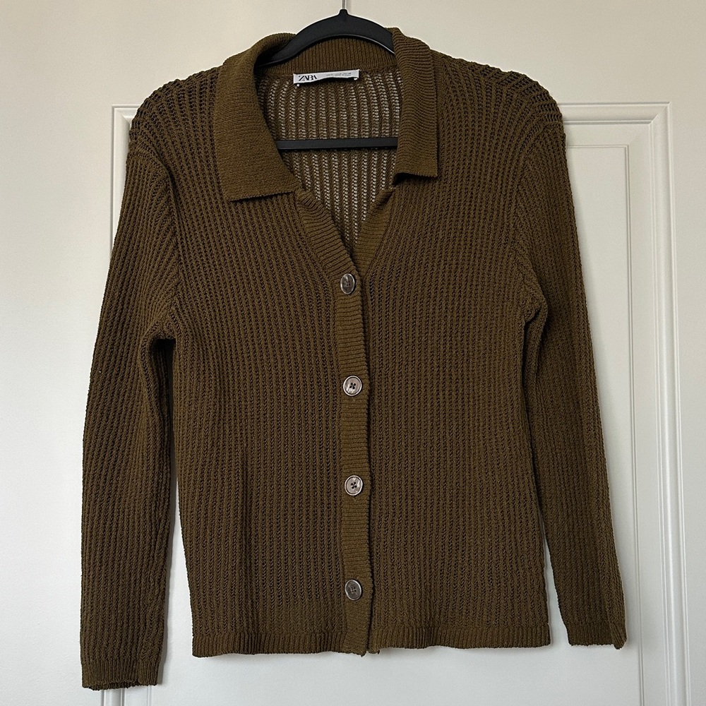 Zara Olive Knit Button-Front Cardigan